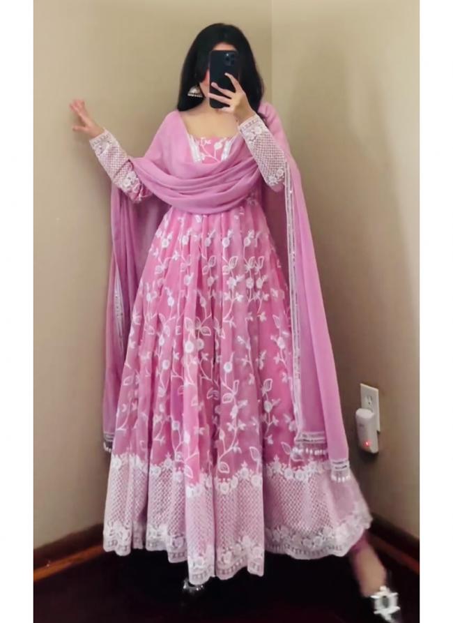 Georgette Pink Festival Wear Embroidery Work Readymade Gown With Dupatta